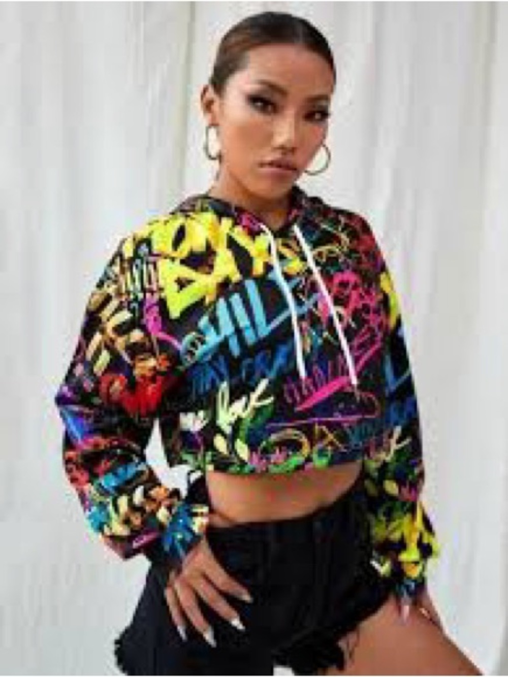 Muchica Graffiti Print Drop Shoulder Drawstring Hoodie